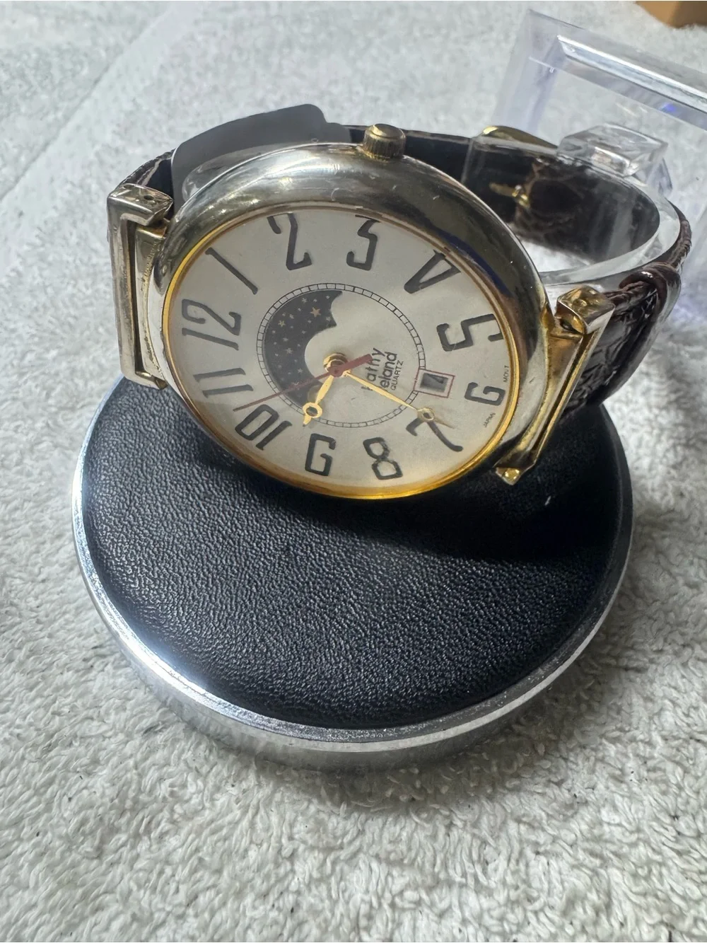kathy ireland White Dial Moonphase Watch with Gold Accents and Red Second Hand